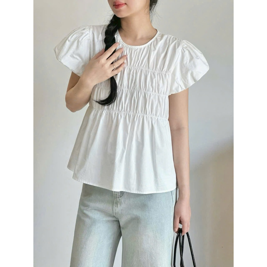 Áo Kiểu Nữ Xếp Ly Ngực Tay Bồng Ngắn Du Lịch Dạo Phố thanhhuyenclothings2 (B526)