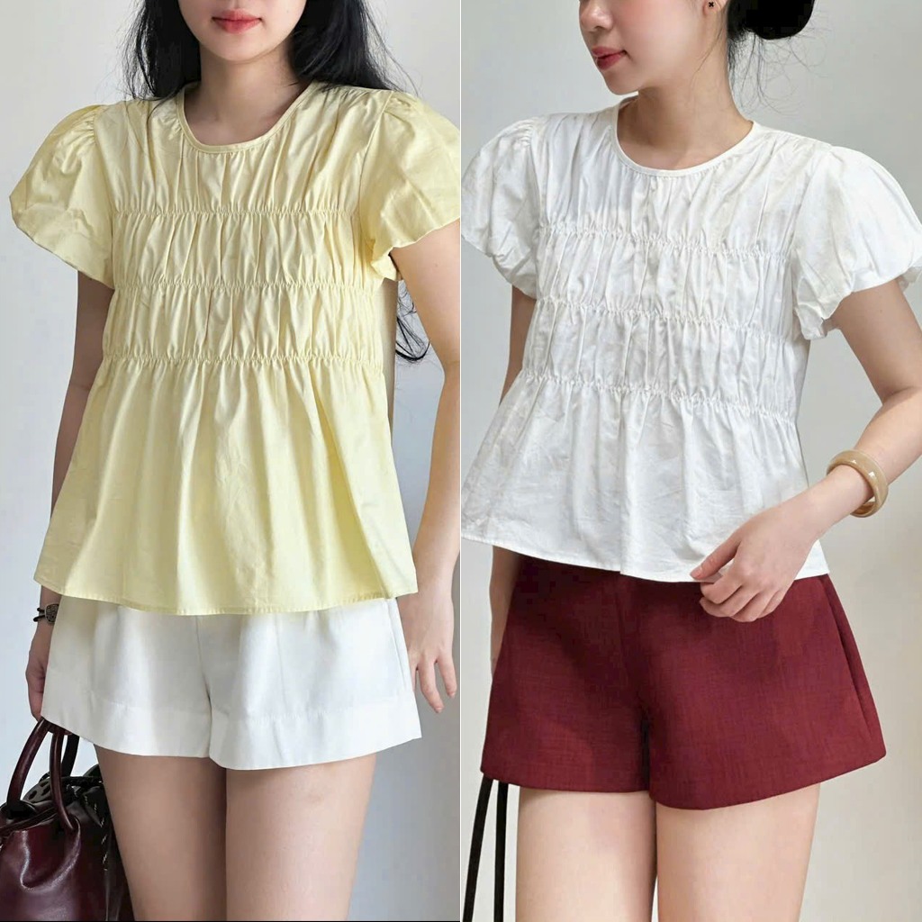 Áo Kiểu Nữ Xếp Ly Ngực Tay Bồng Ngắn Du Lịch Dạo Phố thanhhuyenclothings2 (B526)