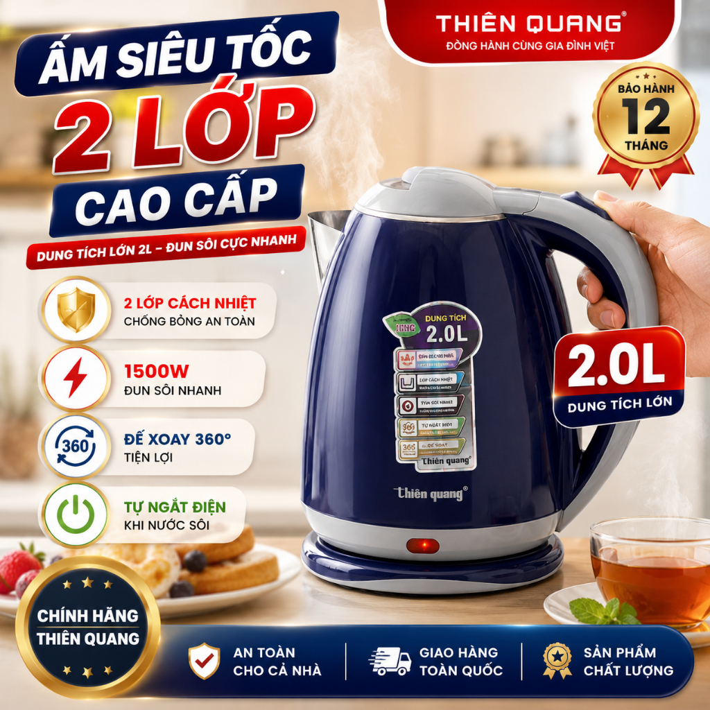 Ấm Đun Nước Siêu Tốc 2 Lớp Thiên Quang 2L, 1500W, Inox Cách Nhiệt, Tự Ngắt An Toàn, Tiết Kiệm Điện