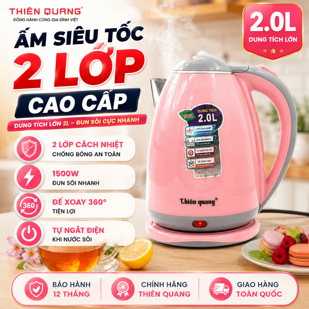 Ấm Đun Nước Siêu Tốc 2 Lớp Thiên Quang 2L, 1500W, Inox Cách Nhiệt, Tự Ngắt An Toàn, Tiết Kiệm Điện
