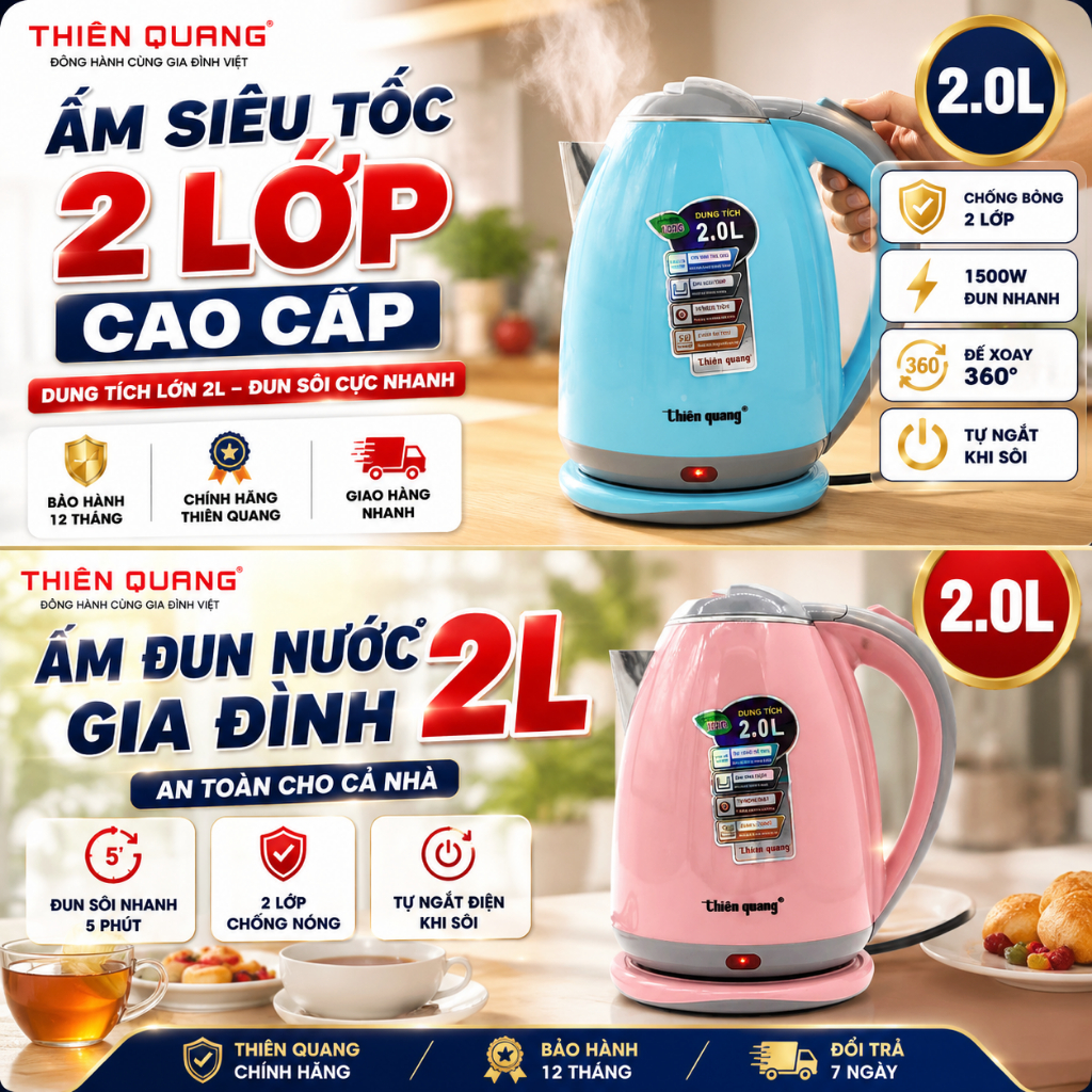 Ấm Đun Nước Siêu Tốc 2 Lớp Thiên Quang 2L, 1500W, Inox Cách Nhiệt, Tự Ngắt An Toàn, Tiết Kiệm Điện