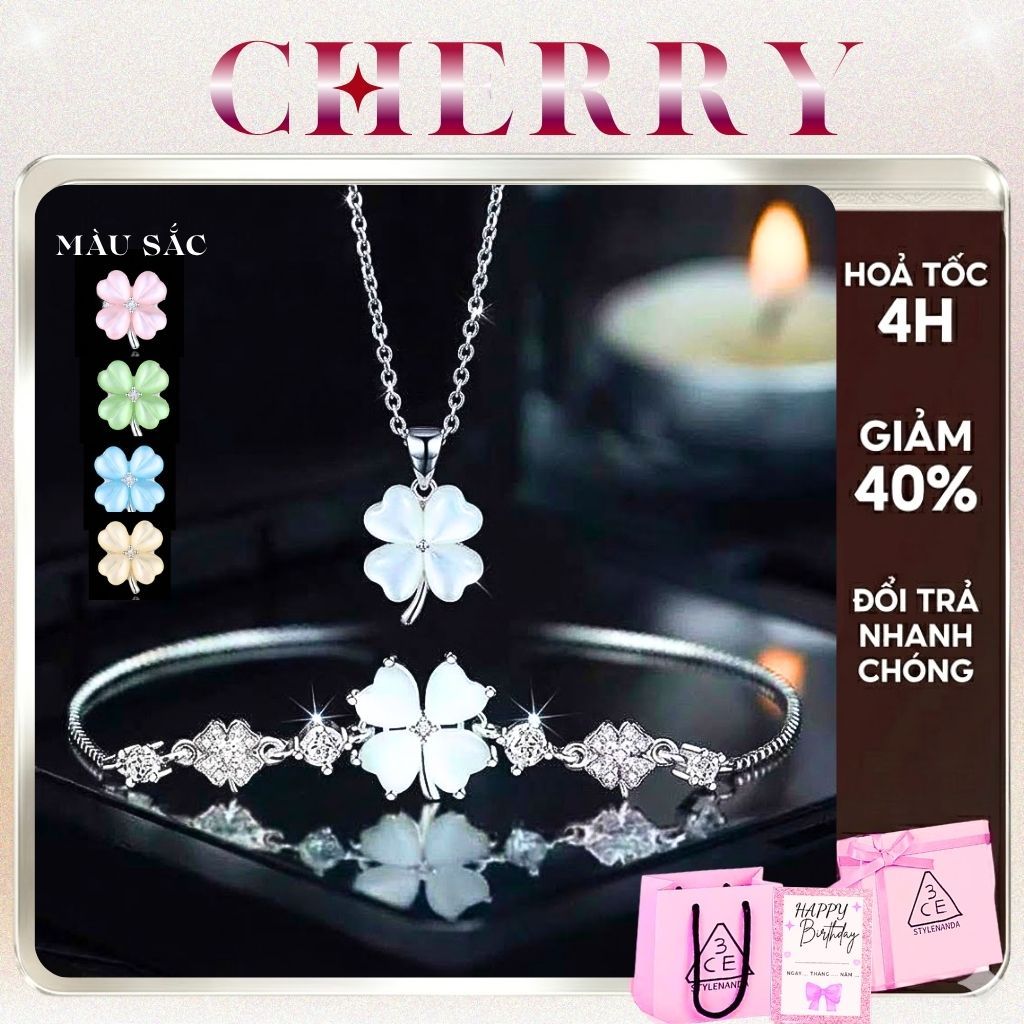 Set vòng cổ & vòng tay cỏ 4 lá hoa mai đính đá CHERRY JEWELRY không gỉ( kèm Túi giấy + Hộp + Thiệp )