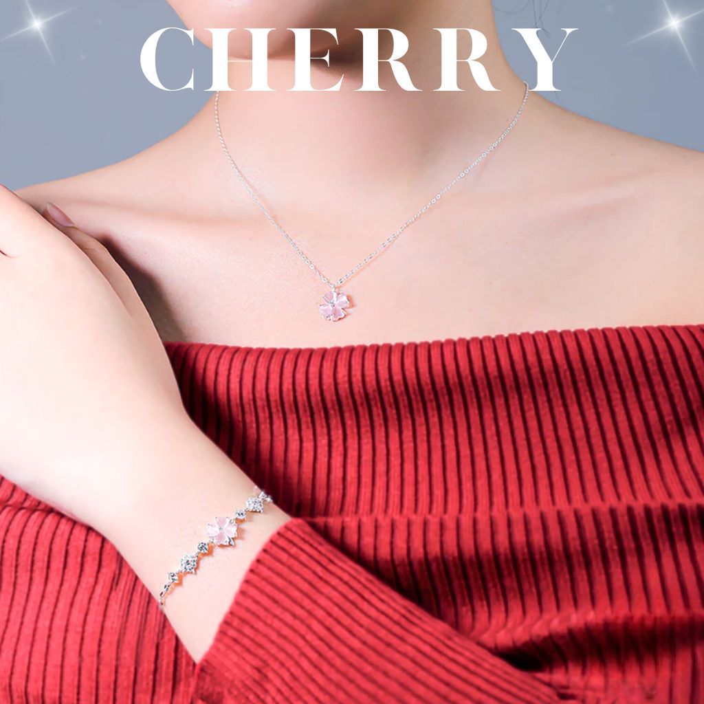 Set vòng cổ & vòng tay cỏ 4 lá hoa mai đính đá CHERRY JEWELRY không gỉ( kèm Túi giấy + Hộp + Thiệp )