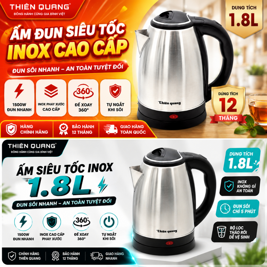 ẤM ĐUN NƯỚC SIÊU TỐC THIÊN QUANG K10 1.8L INOX PHAY XƯỚC CAO CẤP – 1500W – TỰ NGẮT KHI SÔI – ĐẾ XOAY