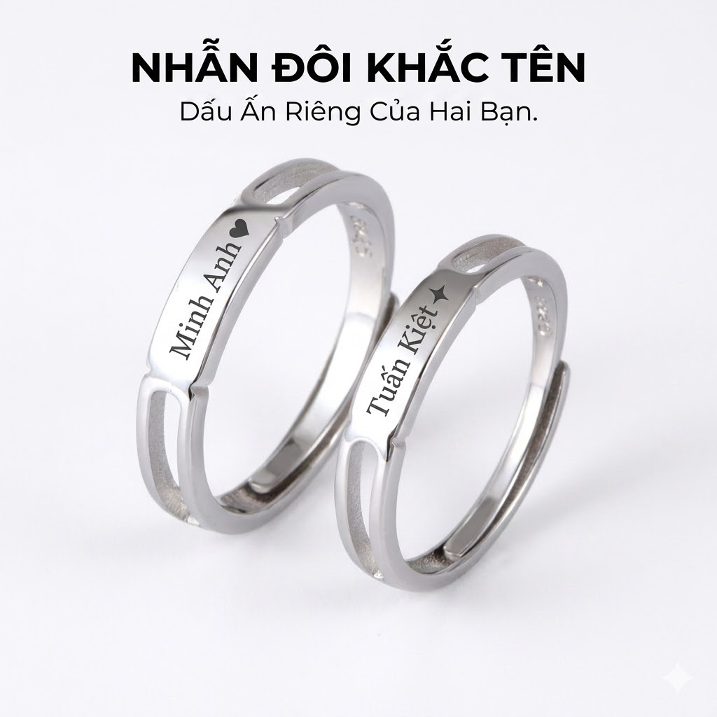 Nhẫn Đôi S925 Khắc Tên Theo Yêu Cầu - Nhẫn Cặp Tình Nhân Thiết Kế Hở Điều Chỉnh Size Quà Tặng Người Yêu Ý Nghĩa
