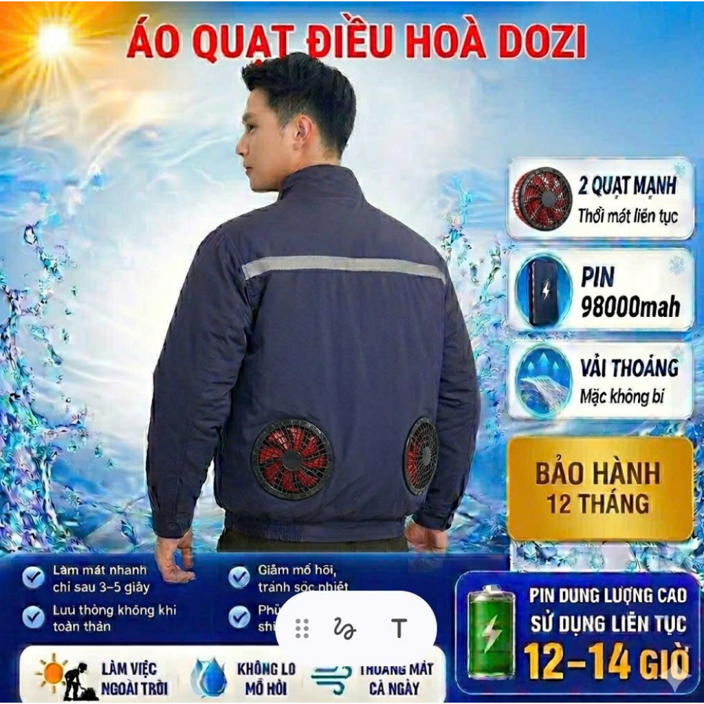 Áo Điều Hòa Nhật Bản 21V Áo Bảo Hộ Gắn Quạt Trang Phục Lao Động Làm Mát Cơ Thể Pin 98000 mah DOZI