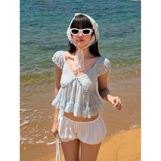 Áo kiểu nữ cổ V bèo tầng họa tiết xinh xắn, Áo babydoll tơ mềm phối bèo nhún phong cách tiểu thư
