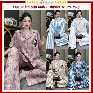 Đồ ngủ nữ bigsize 55-75kg, pijama dài cộc tay ngắn lụa latin mịn mát 75CD08, đồ bộ nữ đồ mặc nhà dễ thương sang chảnh