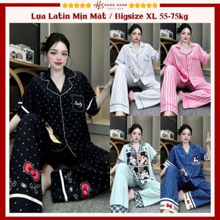 Đồ ngủ nữ bigsize 55-75kg, pijama dài cộc tay ngắn lụa latin mịn mát 75CD08, đồ bộ nữ đồ mặc nhà dễ thương sang chảnh