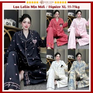Bộ đồ ngủ pijama nữ bigsize 55-75kg dài tay cổ vest nút đôi lụa latin mịn mát 75DD04 đồ bộ mặc nhà dễ thương sang chảnh