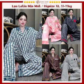 Bộ đồ ngủ pijama nữ bigsize 55-75kg dài tay cổ vest nút đôi lụa latin mịn mát 75DD04 đồ bộ mặc nhà dễ thương sang chảnh