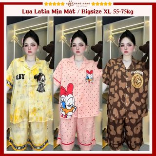 Đồ ngủ nữ bigsize 55-75kg, pijama lửng ngố tay ngắn lụa latin mịn mát 75LC04, đồ bộ nữ đồ mặc nhà dễ thương sang chảnh