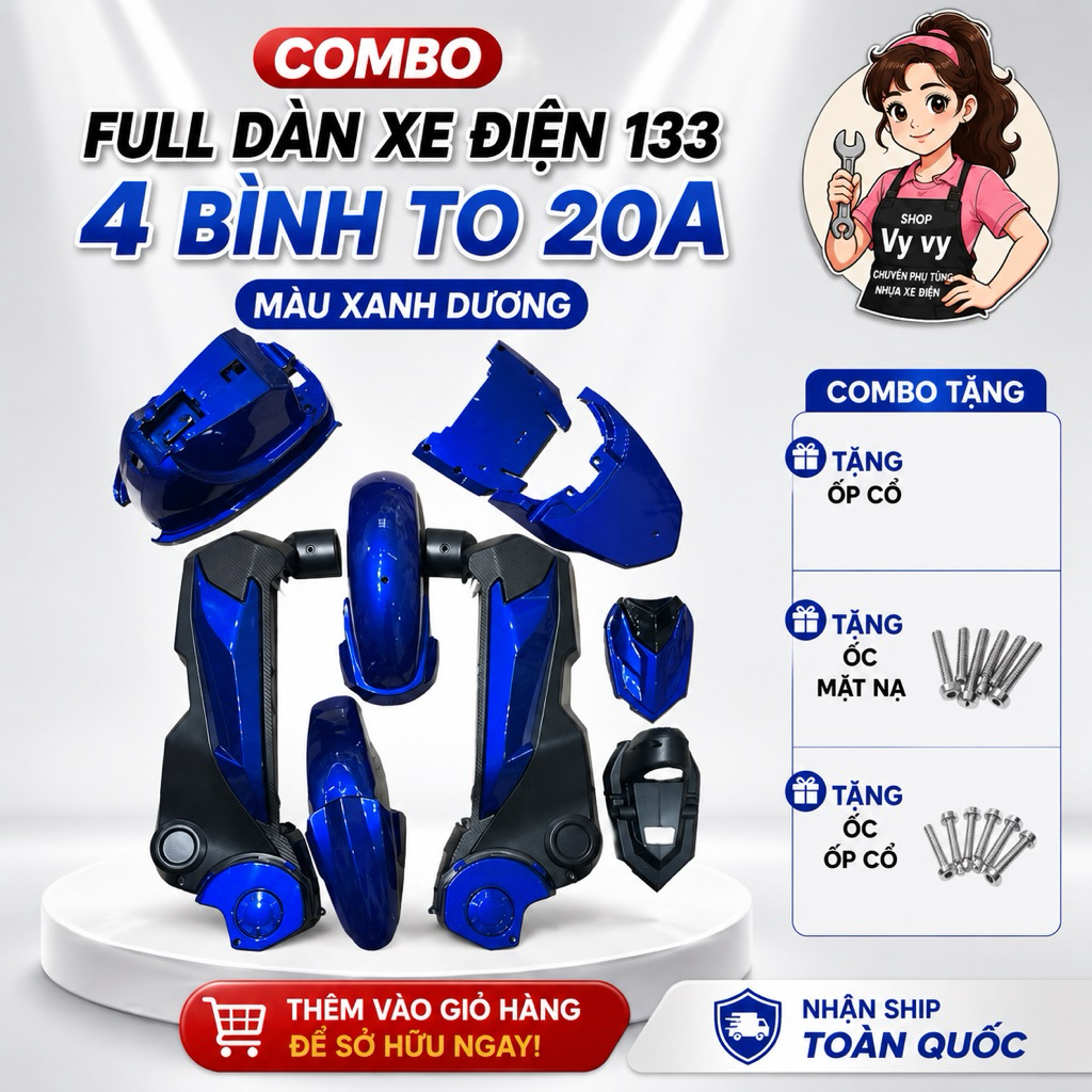 Combo full dàn xe điện 133, 20A, 4 bình to . tặng ốp cổ . Chất liệu nhựa dầy dặn cao cấp bền đẹp