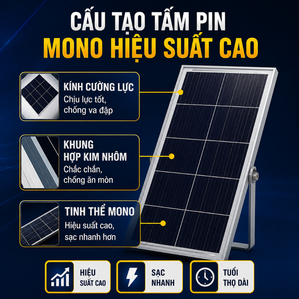 Đèn năng lượng mặt trời không thấm nước, đèn pha sân vườn năng lượng mặt trời chiếu sáng ngoài trời vỏ nhôm