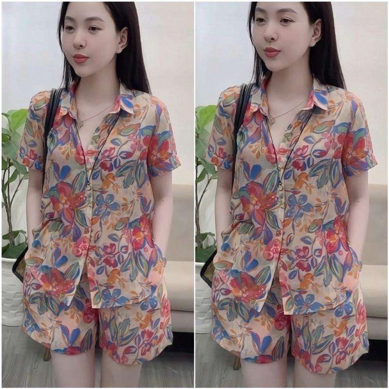 HT42. Sét bộ sơ mi hoa chất tơ hàng đẹp. Sét đi biển đủ size 40-70kg vừa. Chất liệu tơ mềm nhẹ mát hạn chế nhăn