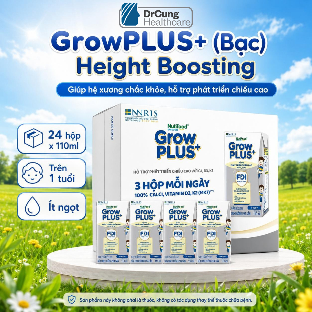 1 Thùng 24 Hộp 110ml Sữa Dinh Dưỡng Nutifood GrowPLUS+ (Bạc) Cao Lớn Vượt Trội Hộp (24 hộp  x 110ml)