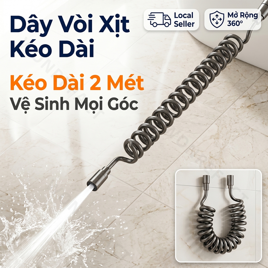 Dây Lò Xo Vòi Xịt Toilet Kéo Dài Co Giãn Thông Minh Ren G1/2 Phổ Thông - Ống Nước Vòi Xịt Phun Rửa Bồn Cầu Xám