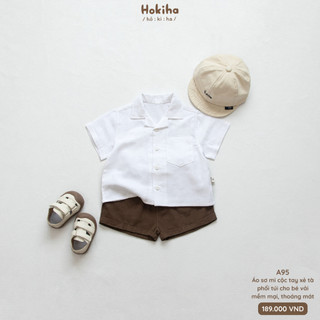 Áo Sơ Mi Cộc Tay Trơn Cho Bé Phối Túi Basic Hokiha Vải Mềm Mại, Thoáng Mát Size 8-16kg A95