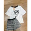 Set áo thun mickey lệch vai phối quần cộc kẻ đen