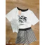 Set áo thun mickey lệch vai phối quần cộc kẻ đen