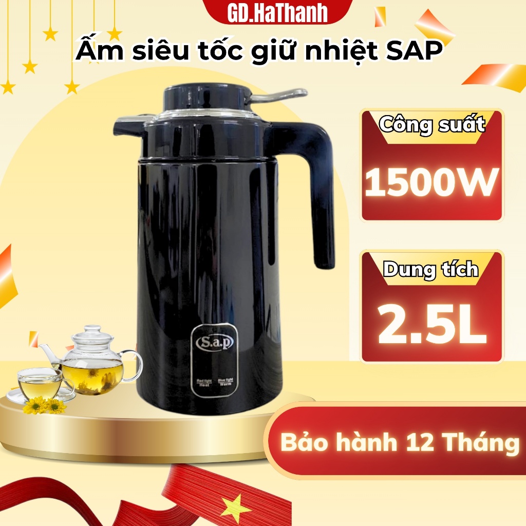 Ấm siêu tốc giữ nhiệt Sap dung tích 3L, công suất lớn 1500W sôi nhanh bảo hành 12 tháng.