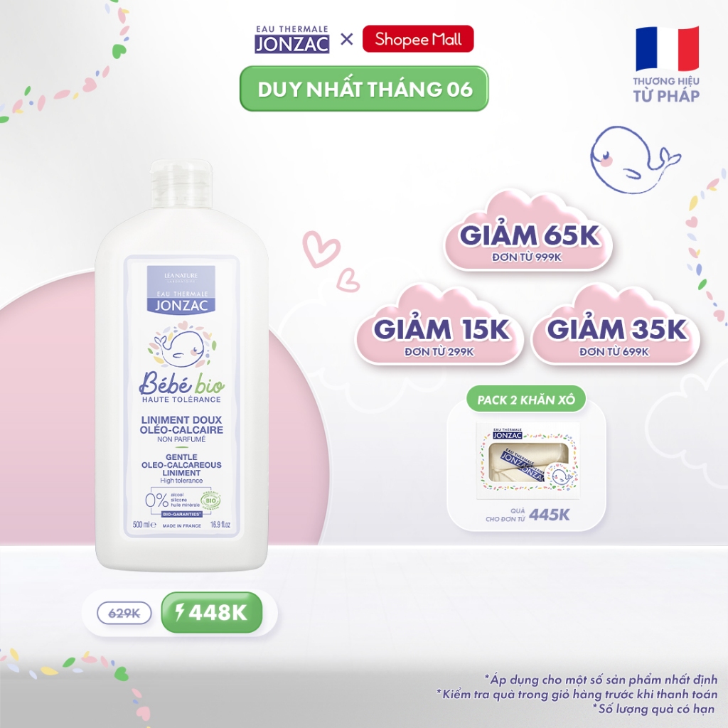 Dung dịch vệ sinh chống hăm tã hữu cơ JONZAC - Giữ ẩm làm mềm nuôi dưỡng làn da bé (500Ml-1L)