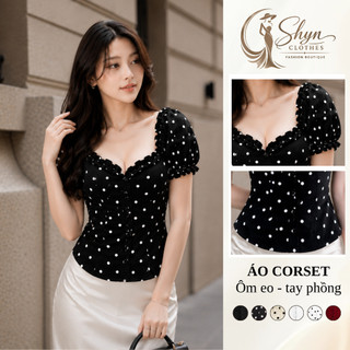 Áo Corset Có Mút Ôm Eo Tay Phồng Sang Chảnh, Áo Phong Cách Tiểu Thư Chất Cotton Đứng Form Hách Dáng