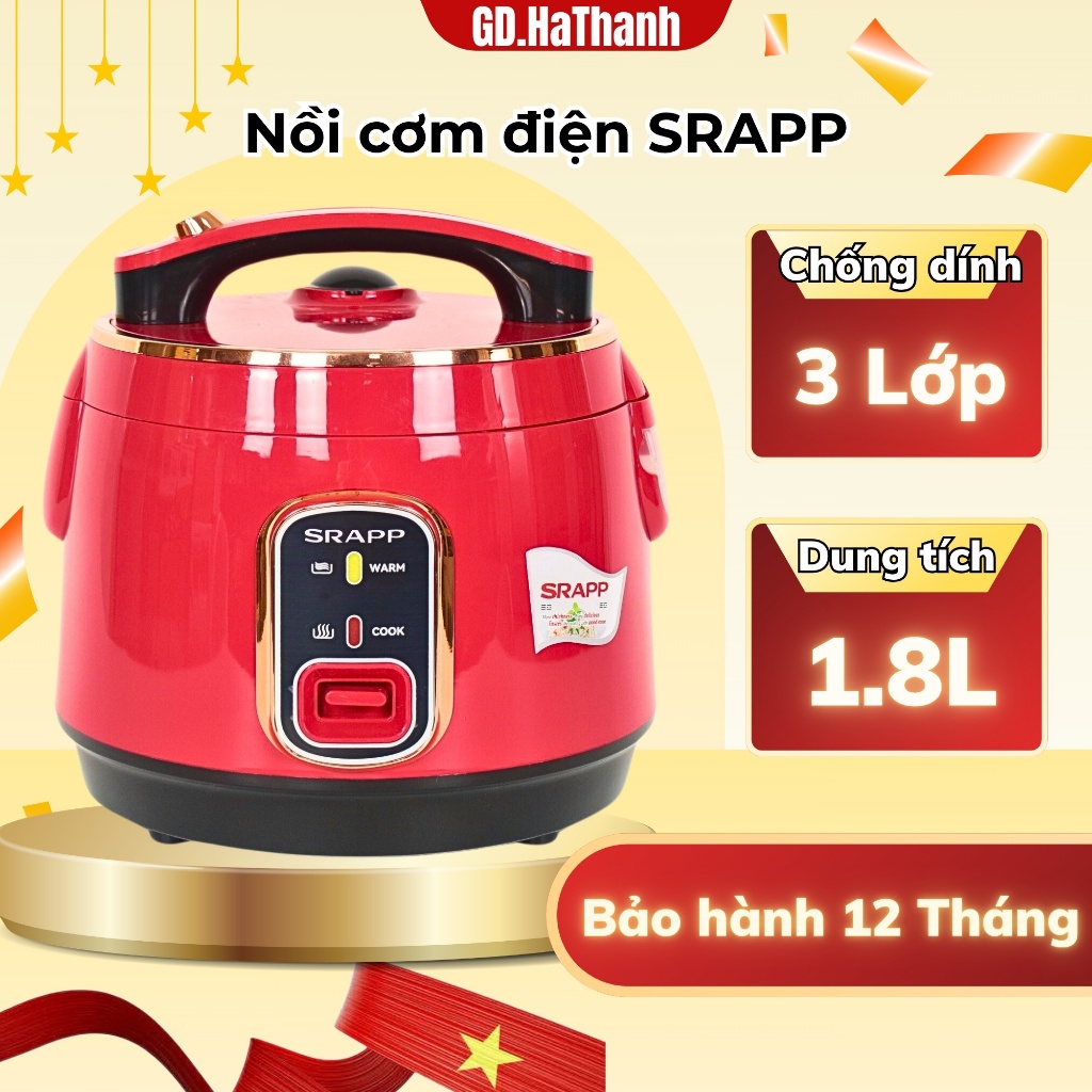 Nồi cơm điện SRAPP dung tích 1,8L công suất 700W nấu cơm cực nhanh, nồi chống dính 3 lớp cực dày dặn