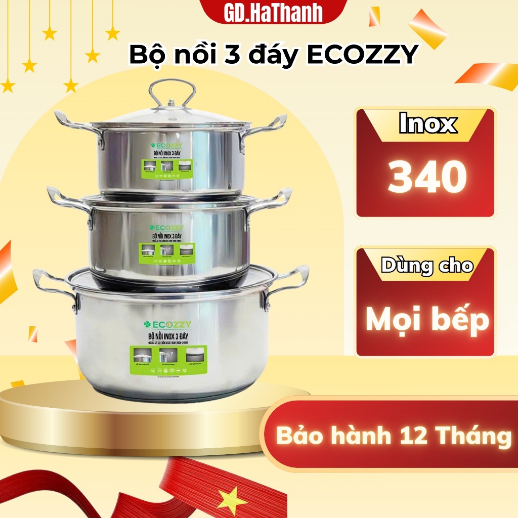 Bộ 3 nồi ECOZZY chất liệu inox 410 chống dính, chống rỉ kích thước 18-20-24cm dùng được mọi loại bếp