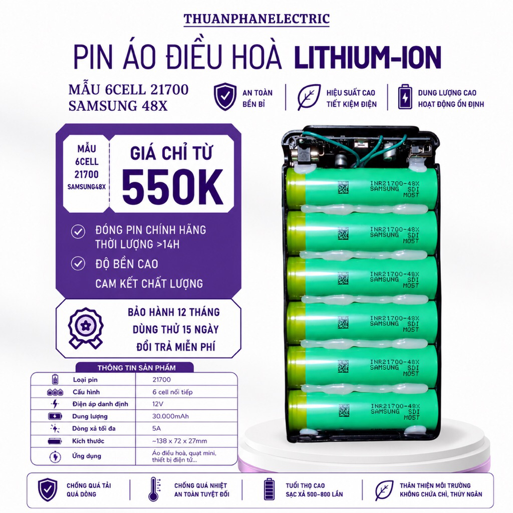 [Mẫu 01] Phụ Kiện Áo Điều Hoà 12V,  Dung Lượng Thực 30.000mah, Chạy 14H-16H, Lõi Pin Lithium-ion 21700 Độ Bền Cao