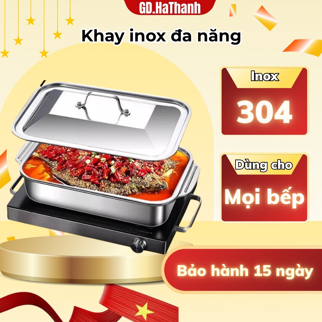 Khay Inox Đa Năng Đựng Thức Ăn Có Nắp, Khay Bảo Quản Đồ Ăn Hấp Cá Nấu Canh Làm Bánh Dùng Cho Mọi Loại Bếp