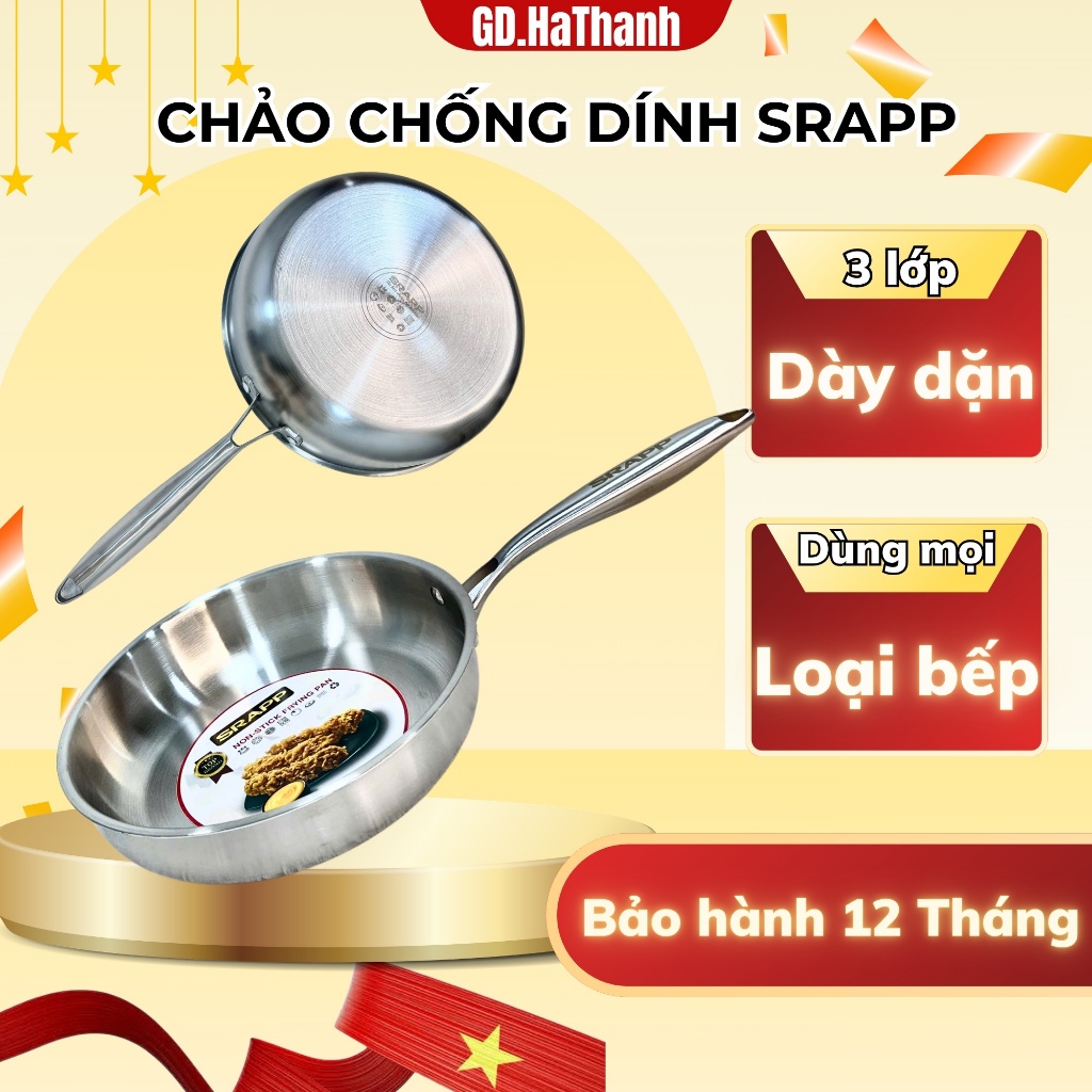 Chảo chống dính inox SRAPP, chảo tuyết sâu lòng thiết kế inox nguyên khối cực dày đường kính 28cm