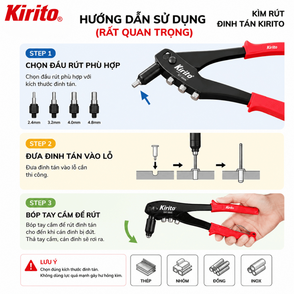 Kìm Rút Đinh Tán Rive Kirito KR6800 9.5 Inch (25cm) - 4 Đầu Rút 2.4/3.2/4.0/4.8mm Chính Hãng K6800 KIRITO