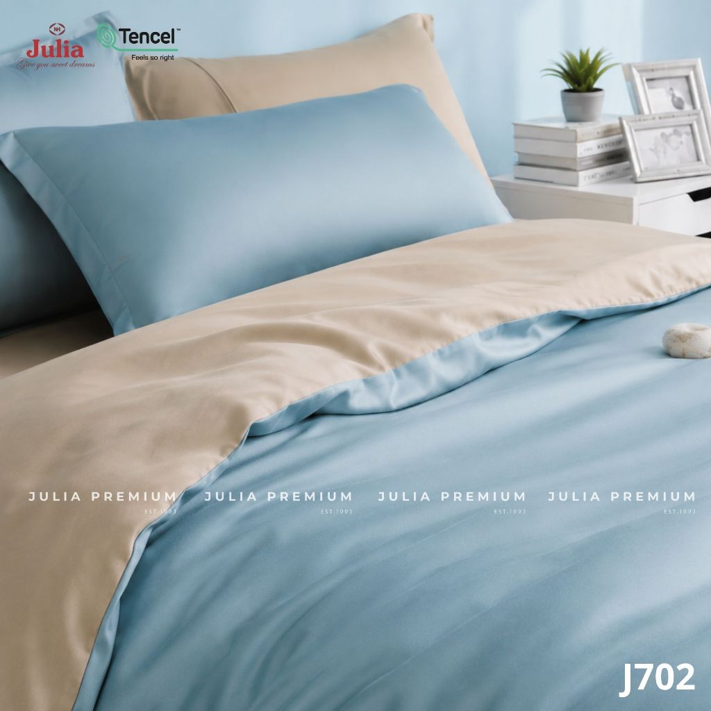 Bộ Chăn Ga Gối Lụa Tencel 100% Gỗ Sồi Cao Cấp Julia- Mềm Mịn, Mát Lạnh, Ga Bọc Màu Xanh Da Trời 702
