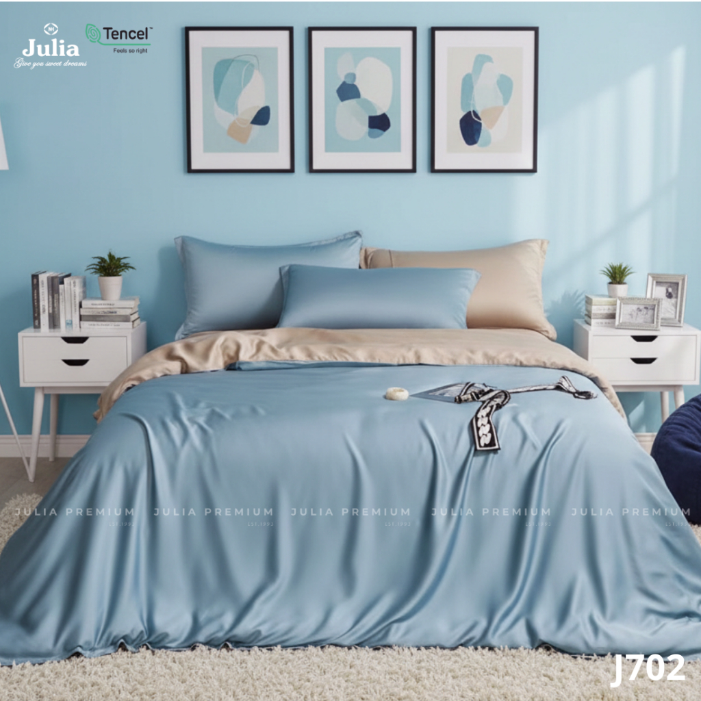 Bộ Chăn Ga Gối Lụa Tencel 100% Gỗ Sồi Cao Cấp Julia- Mềm Mịn, Mát Lạnh, Ga Bọc Màu Xanh Da Trời 702