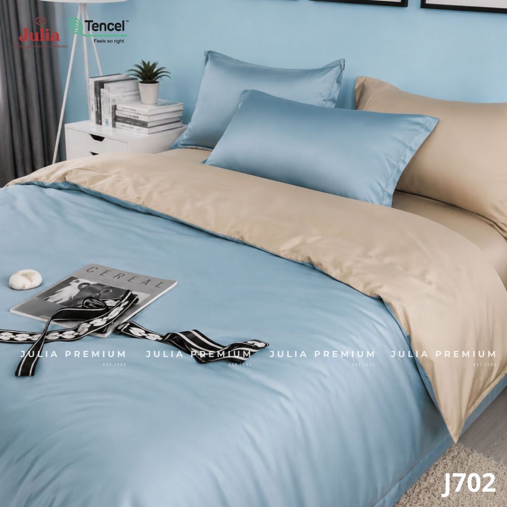 Bộ Chăn Ga Gối Lụa Tencel 100% Gỗ Sồi Cao Cấp Julia- Mềm Mịn, Mát Lạnh, Ga Bọc Màu Xanh Da Trời 702
