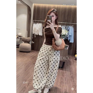 Set dài áo lệch vai thun trơn q baggy hoa