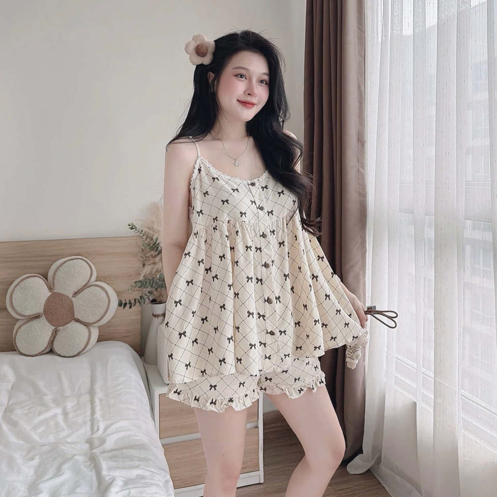 B43- (Hình thật ) Sét bộ ngủ 2S vải đũi mềm họa tiếc nhỏ xinh dây viền ren (38-58kg)