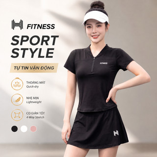Set Pickleball Nữ Áo Thể Thao Cổ Zip Kèm Chân Váy Tennis Màu Đen, Đồ Tập Nữ Form Đẹp Tôn Dáng S 508