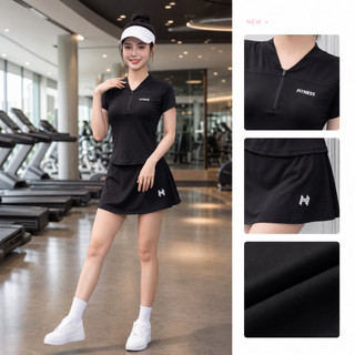 Set Pickleball Nữ Áo Thể Thao Cổ Zip Kèm Chân Váy Tennis Màu Đen, Đồ Tập Nữ Form Đẹp Tôn Dáng S 508