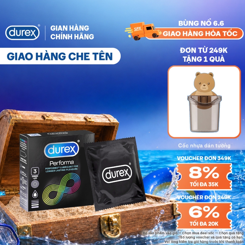 Bao cao su Durex Performa kéo dài thời gian, size 52mm, 3 bao/hộp)