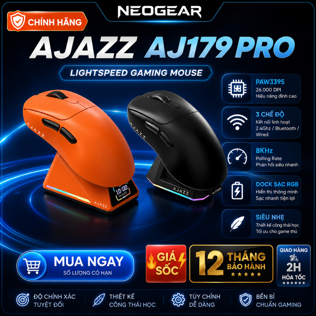 ⚡Chuột Gaming không dây AJAZZ AJ179 Pro -8KHz | 26000 DPI | Dock sạc RGB | Tri-mode | Sensor PAW3395 | BigBuy360 - bigbuy360.vn