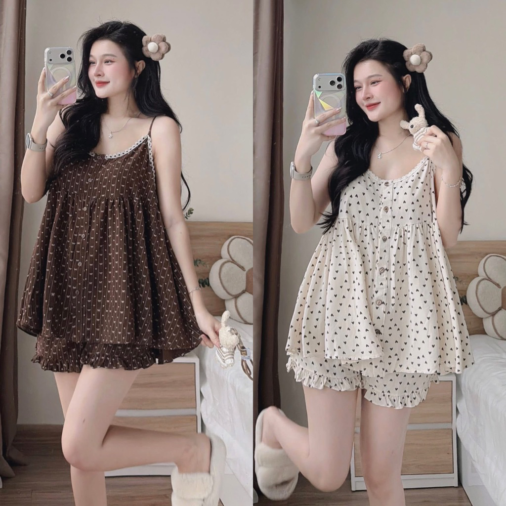 B43- (Hình thật ) Sét bộ ngủ 2S vải đũi mềm họa tiếc nhỏ xinh dây viền ren (38-58kg)