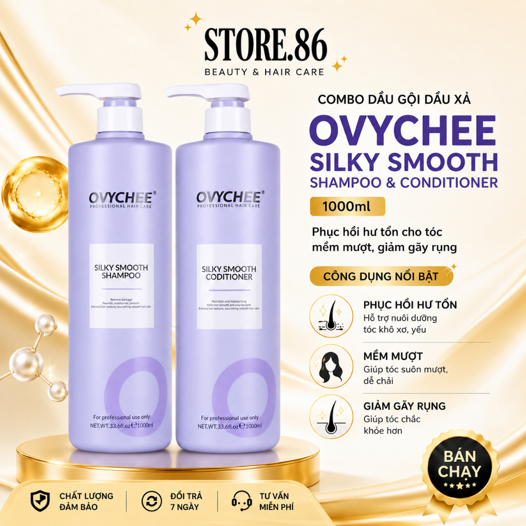 Dầu Gội Dầu Xả Suôn Mượt OVYCHEE Silky Smooth 1000ml-Phục Hồi Hư Tổn Cho Tóc Mềm Mượt, Giảm Gãy Rụng