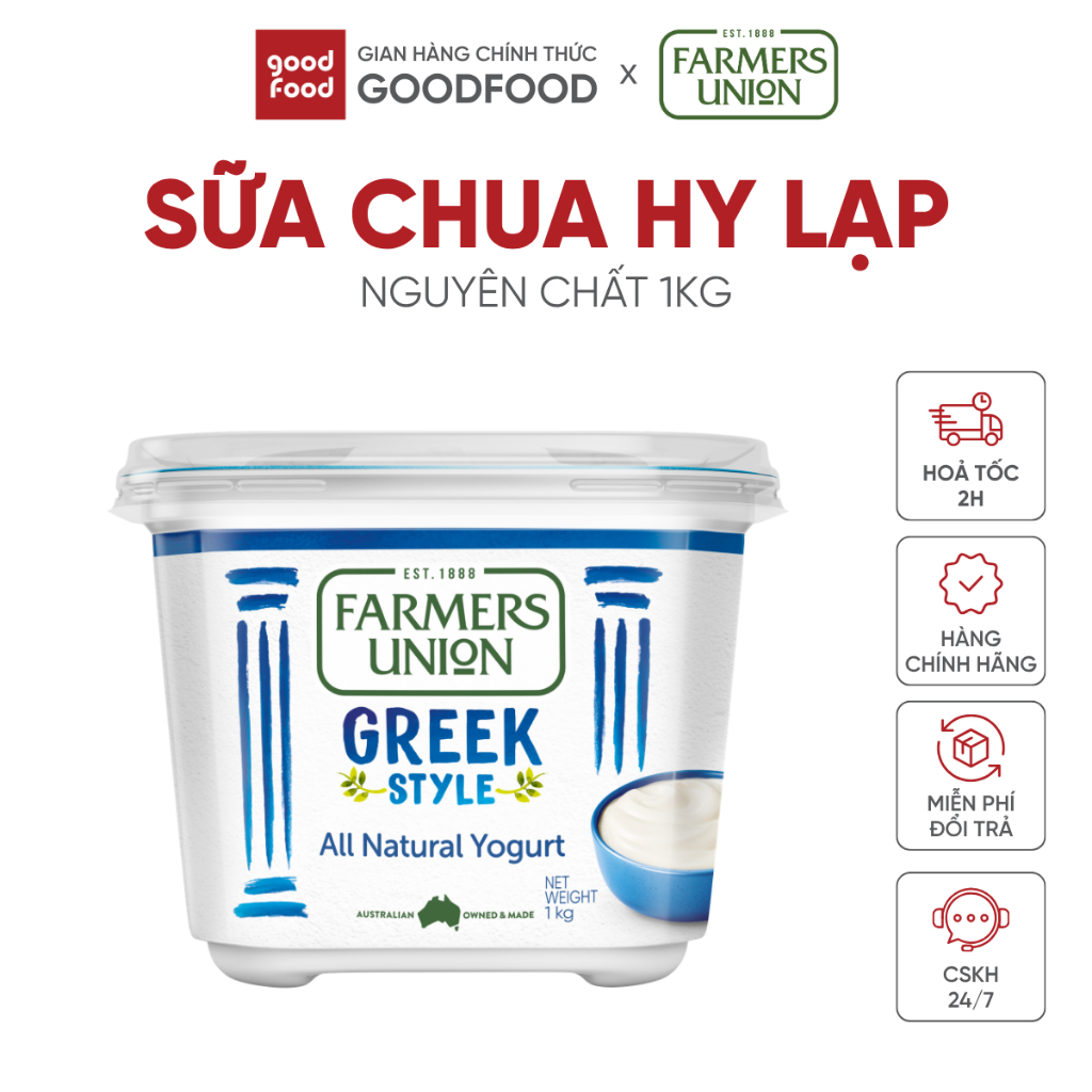 Sữa chua hy lạp Farmers Union nguyên chất, ít béo. Greek Yogurt ít đường tốt cho sức khỏe 1Kg - 1 Hũ