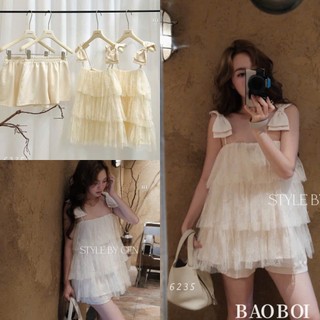 Set Bộ Đồ Nữ Áo 2 Dây Ren 3 Tầng Vai Đính Nơ To Nổi Mix Quần Sooc Đùi Ống Rộng
