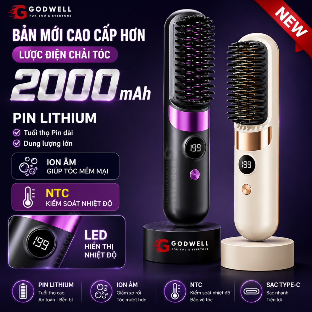 Lược Điện Chải Tóc Ion Âm Không Dây GODWELL Lược Duỗi Tóc Tạo Kiểu Không Dây, Nhỏ Gọn Dễ Mang Theo