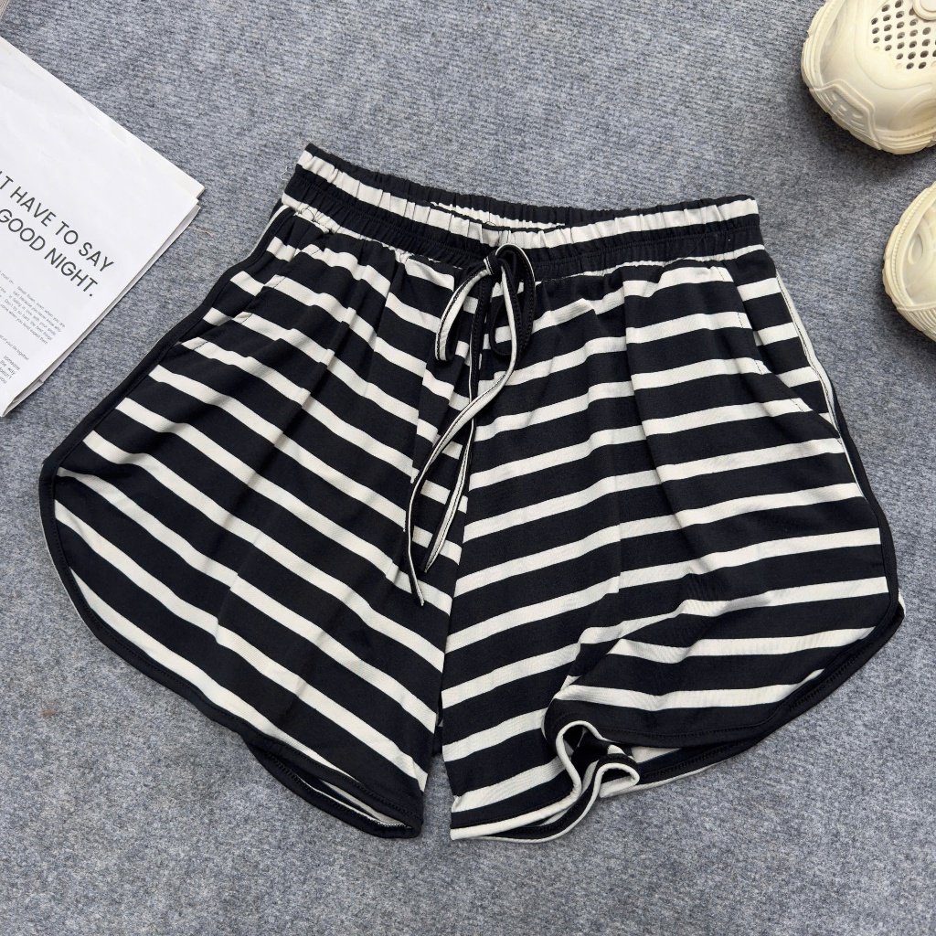 Quần Short Bigsize Nữ Sọc Ngang Co Giãn, Cạp Chun Dây Rút, Mặc Mát Từ 55-95kg Q587
