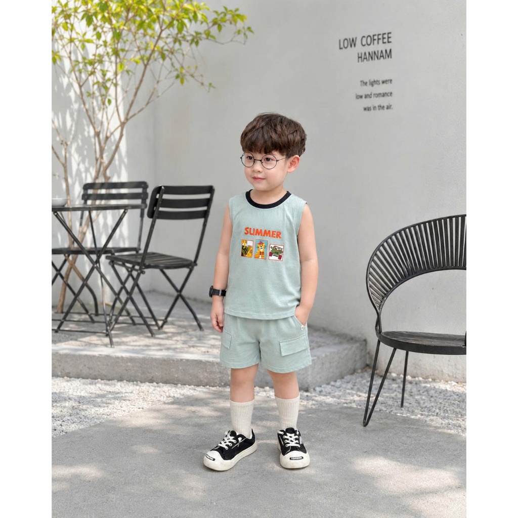 Bộ ba lỗ cotton in hoạ tiết cho bé, bộ thun ba lỗ chất liệu cotton thoáng mát cho bé Bernie