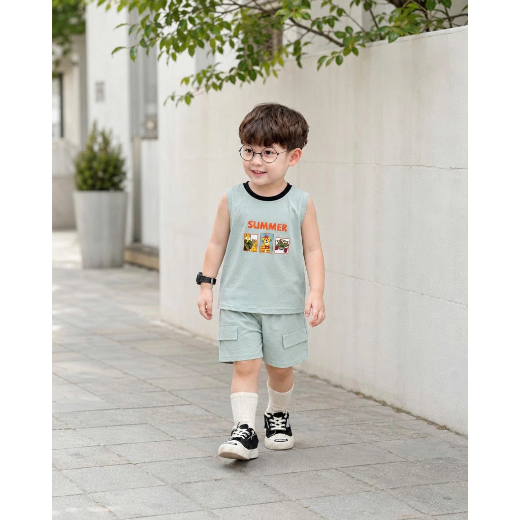 Bộ ba lỗ cotton in hoạ tiết cho bé, bộ thun ba lỗ chất liệu cotton thoáng mát cho bé Bernie